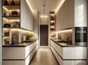 DALL·E 2025-01-10 09.56.46 - A modern narrow kitchen design with a shorter layout and more open space in the middle. The kitchen features sleek, minimalistic cabinetry in light to